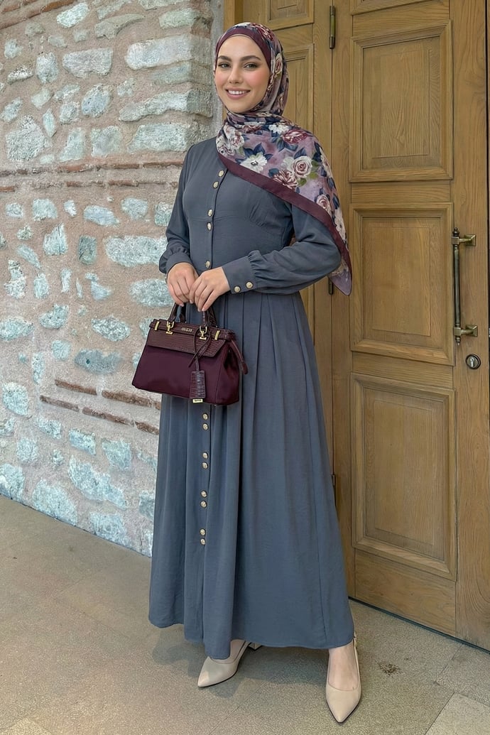 Çift Gold Düğmeli Füme Elbise