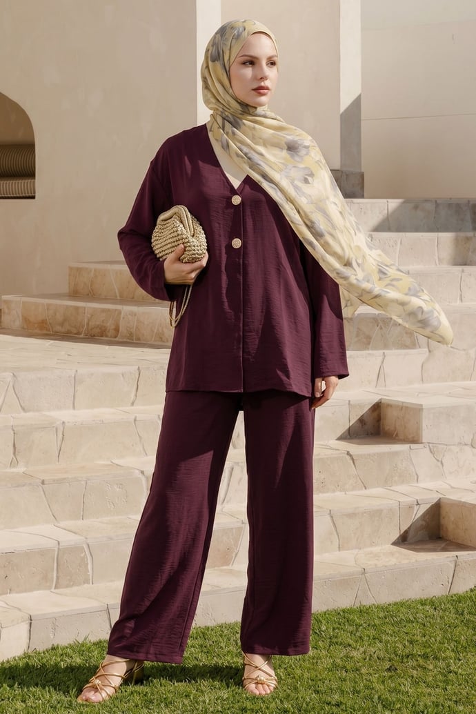 Çift Gold Düğmeli Pantolonlu Bordo Takım