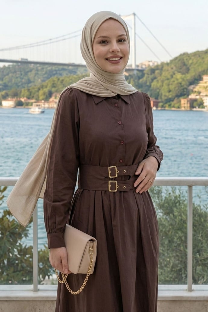 Çift Toka Kemerli Acı Kahve Elbise