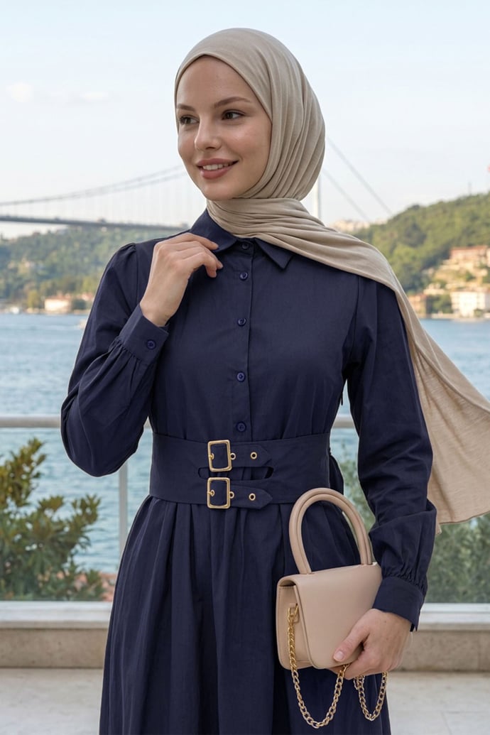 Çift Toka Kemerli Lacivert Elbise