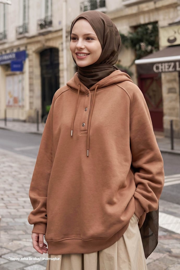 Çıtçıt Yaka Kapüşonlu Camel Sweat