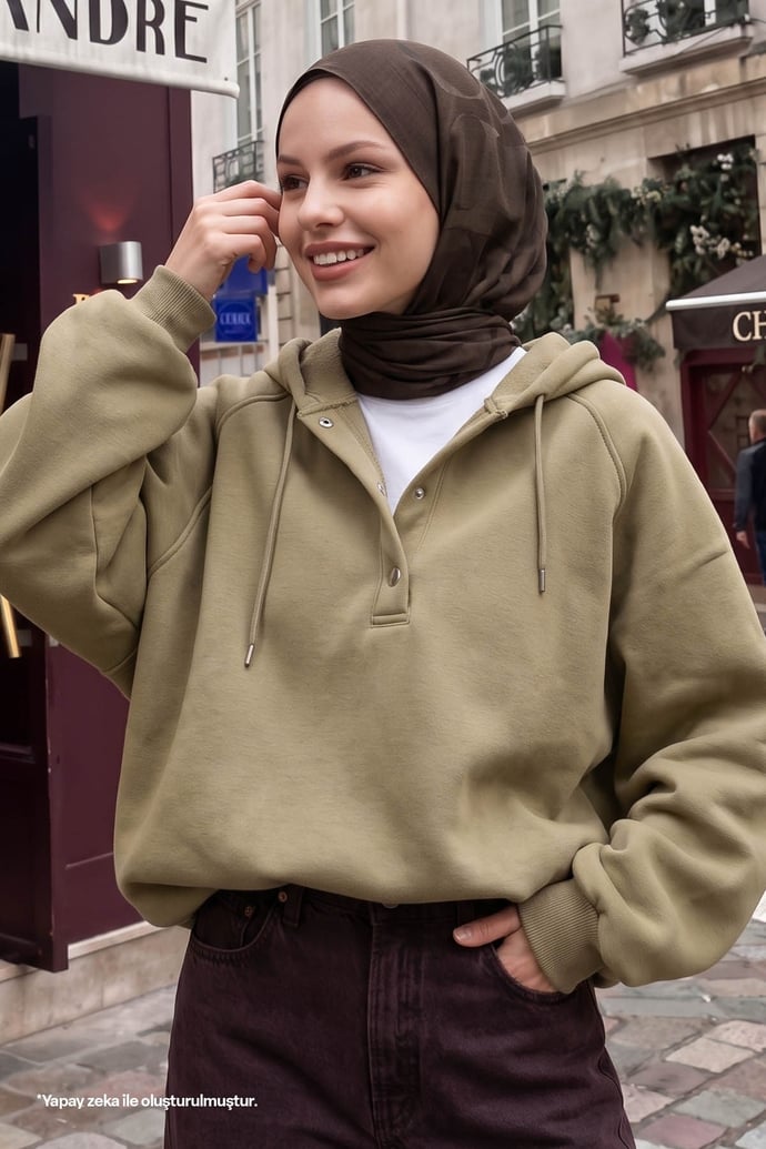 Çıtçıt Yaka Kapüşonlu Haki Sweat