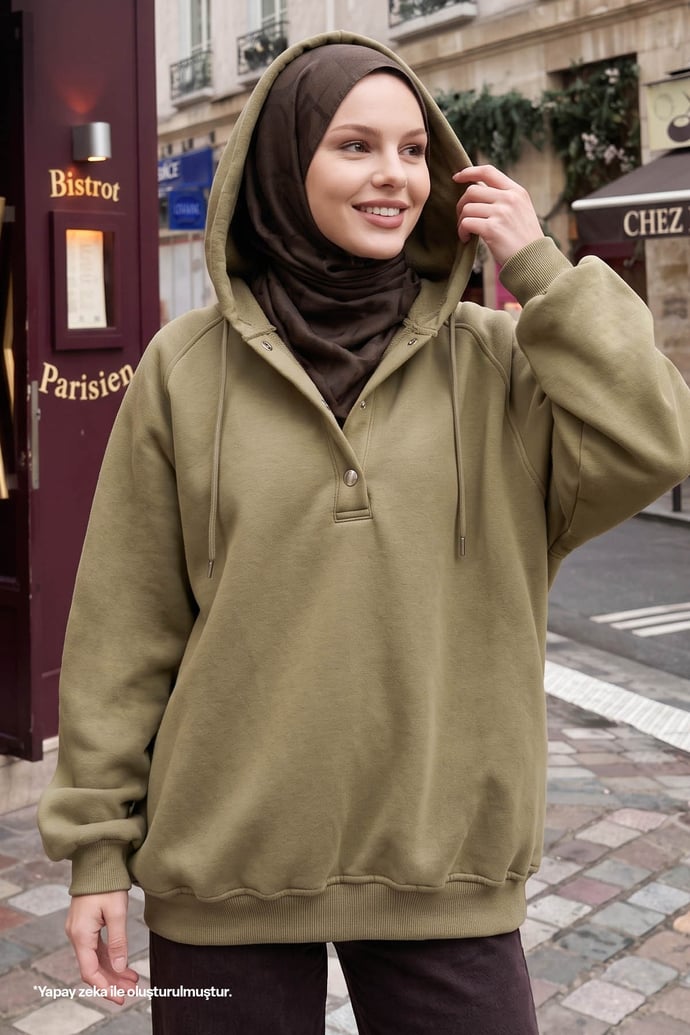 Çıtçıt Yaka Kapüşonlu Haki Sweat