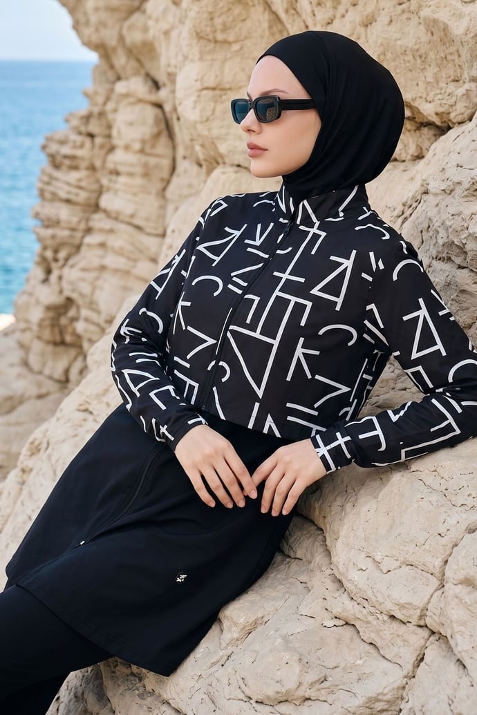 Çizgi Bolerolu 4 Parçalı Siyah Tesettür Mayo 6200A