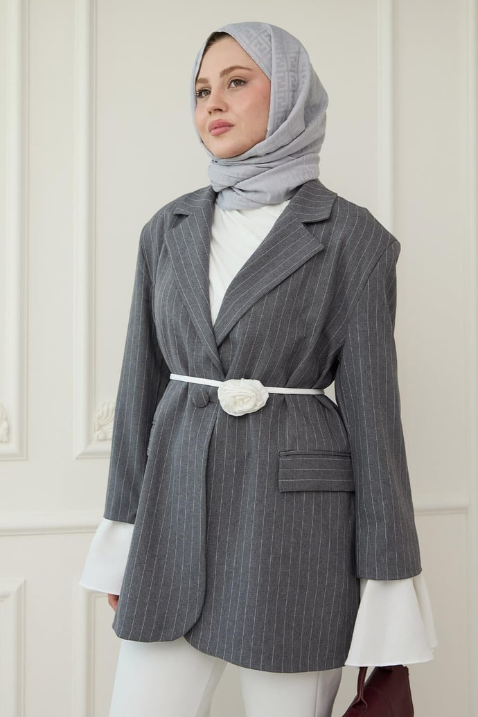 Çizgili Kolları Volanlı Antrasit Blazer Ceket