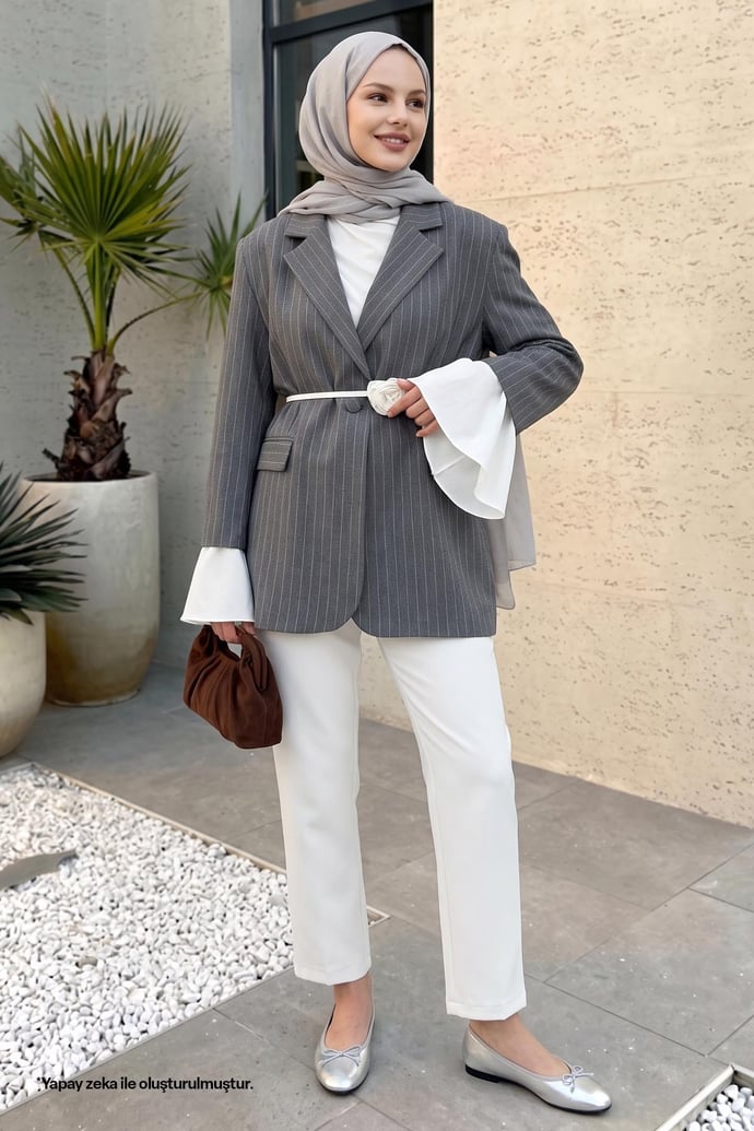 Çizgili Kolları Volanlı Antrasit Blazer Ceket
