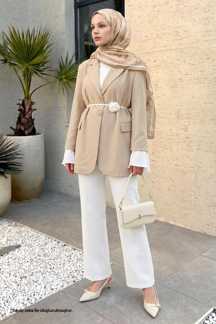 Çizgili Kolları Volanlı Bej Blazer Ceket