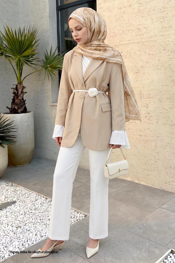 Çizgili Kolları Volanlı Bej Blazer Ceket