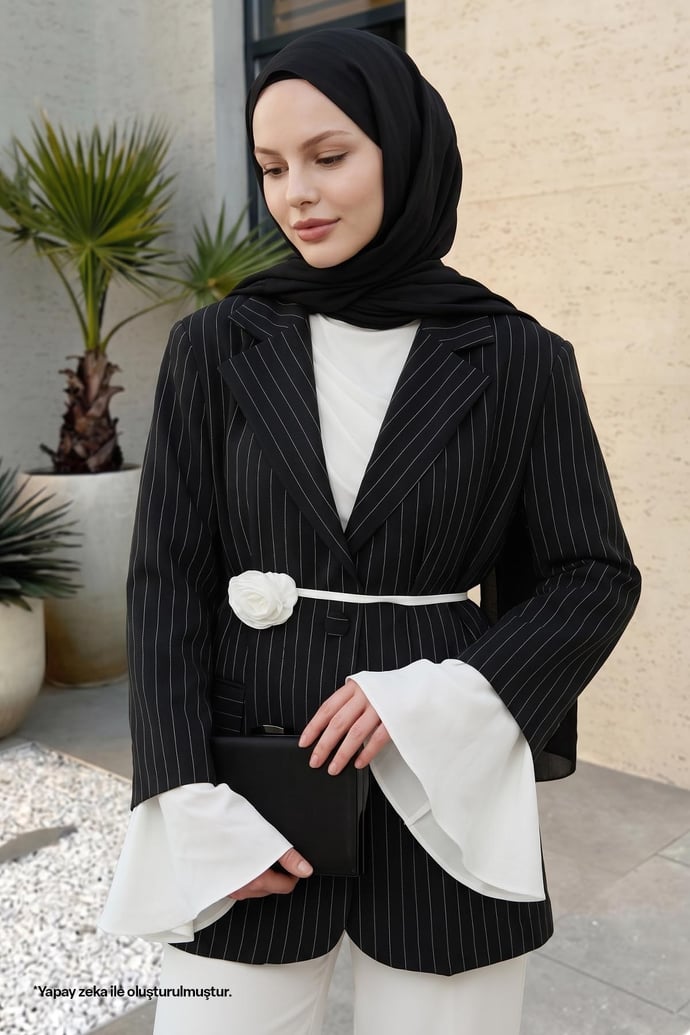 Çizgili Kolları Volanlı Siyah Blazer Ceket