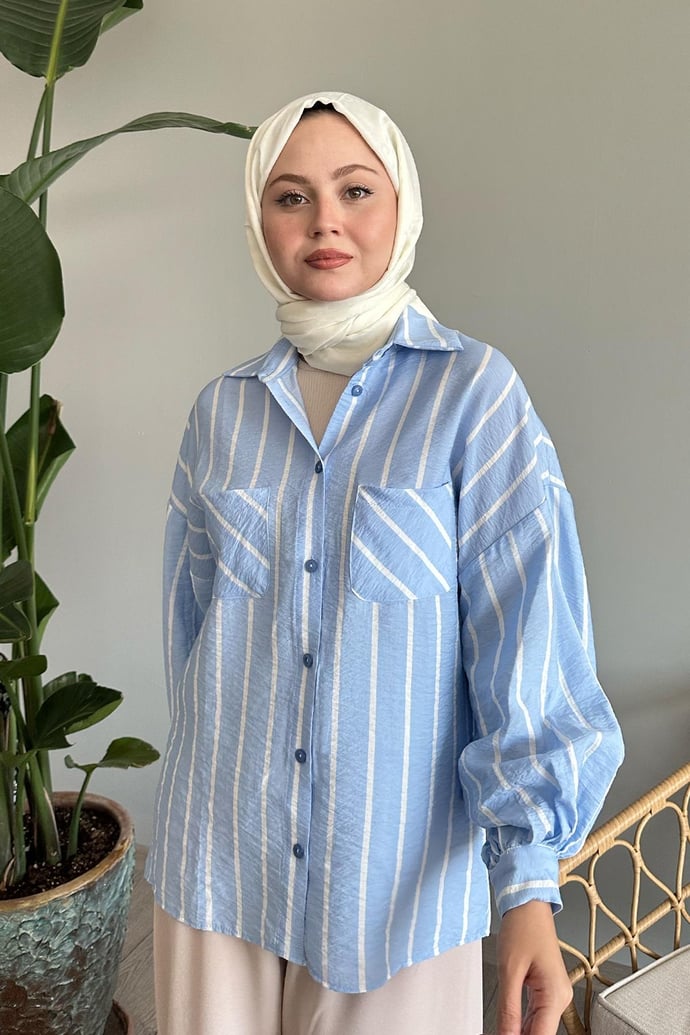 Çizgili Salaş Bebe Mavisi Gömlek