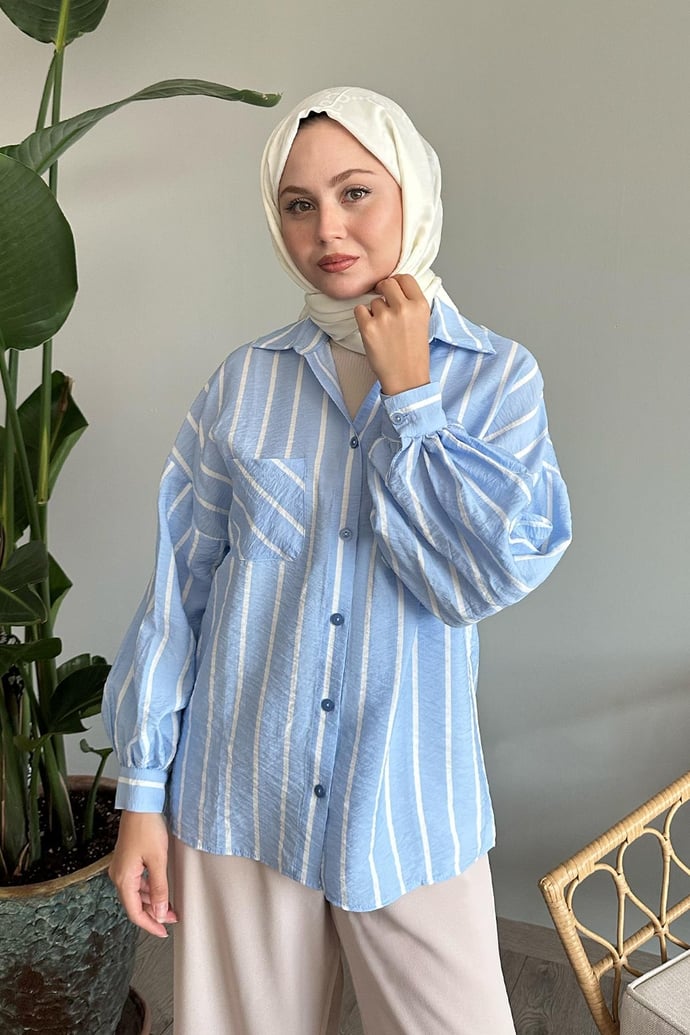 Çizgili Salaş Bebe Mavisi Gömlek