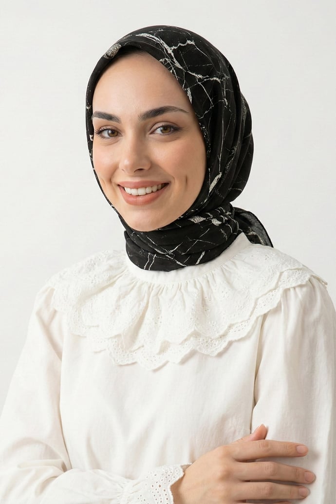 Mermer Desenli Siyah Pamuk Eşarp
