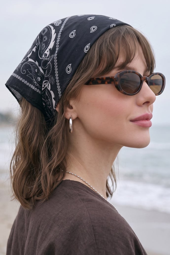 Damla Desenli Siyah Bandana Fular 50x50
