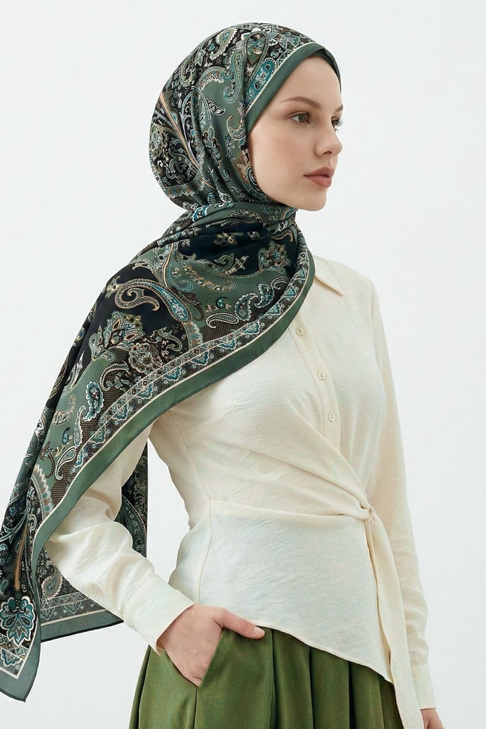 Damla Motif Desenli Haki Soft Pamuk Şal