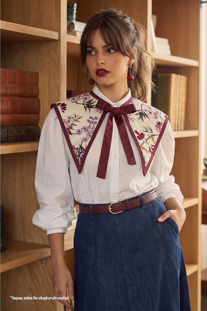 Desenli Kırmızı Saten Yakalık