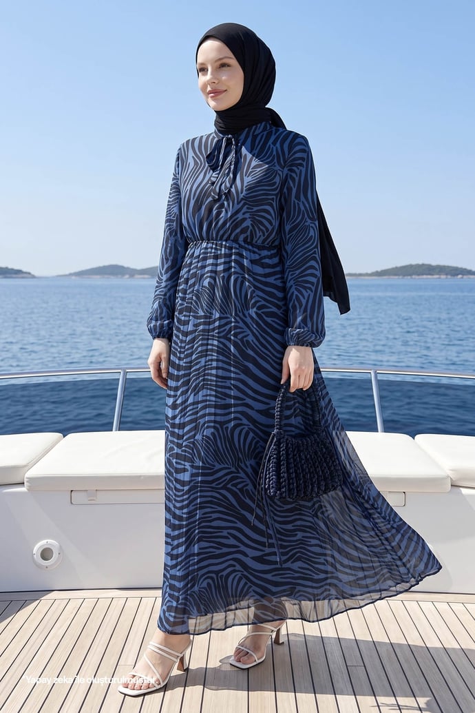 Lenda Patterned Chiffon Dress - Navy