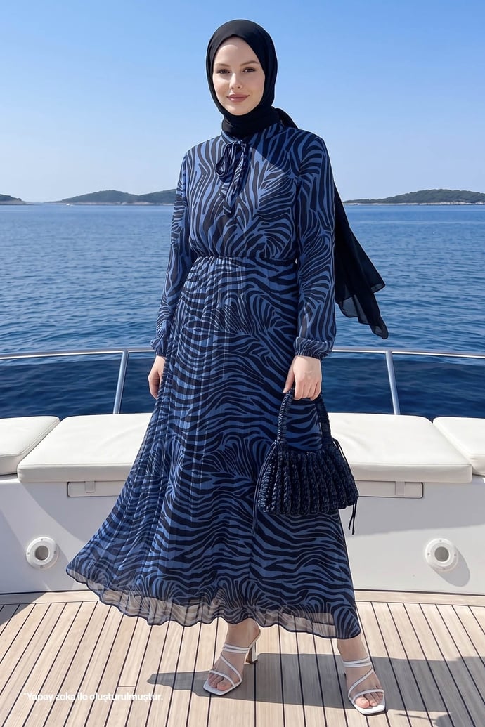 Lenda Patterned Chiffon Dress - Navy