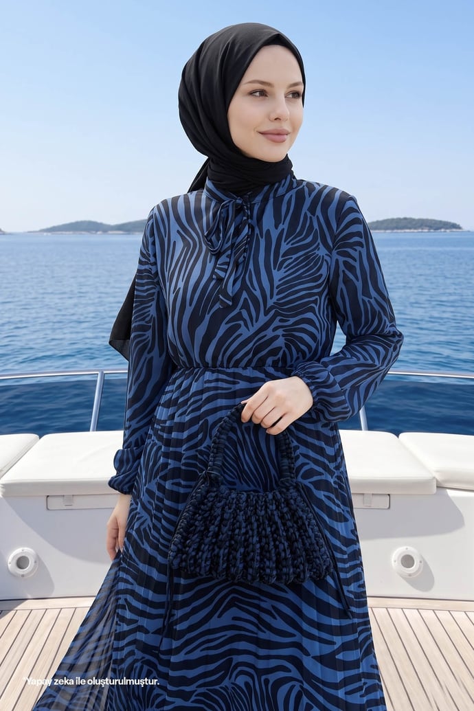 Lenda Patterned Chiffon Dress - Navy