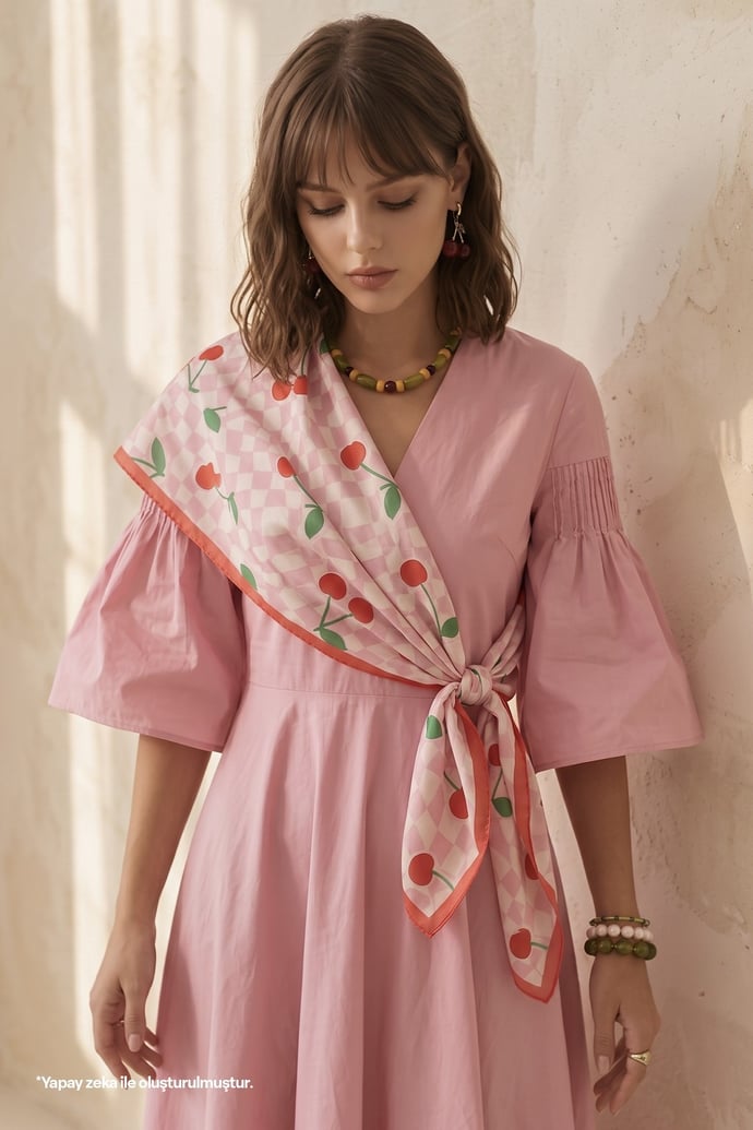 Desenli Pembe Soft Fular Eşarp 90x90