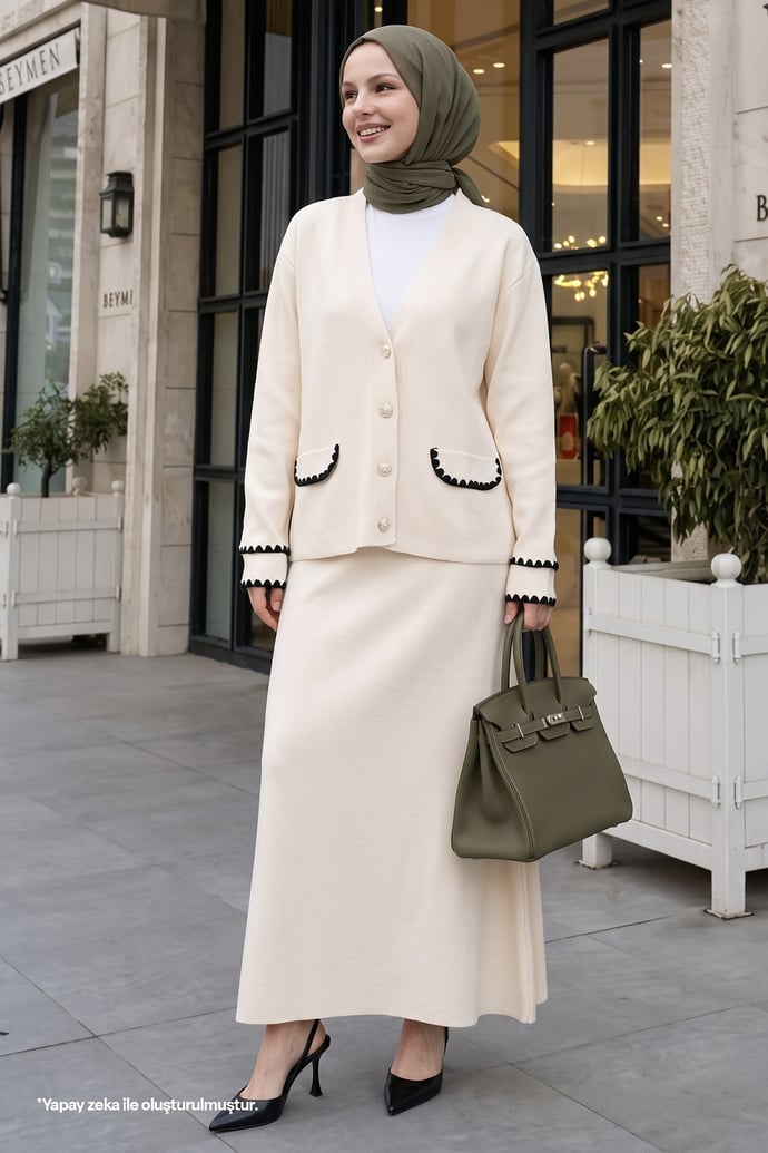 Sewed Detail Skirt Cream Knit Set