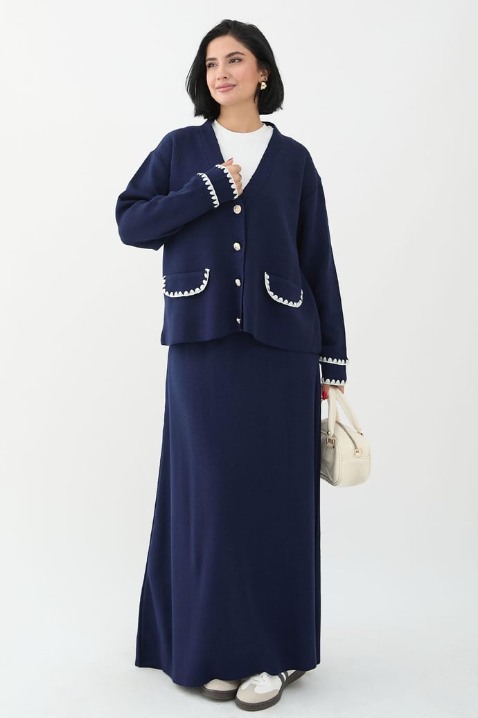 Sewed Detail Skirt Navy Knit Set