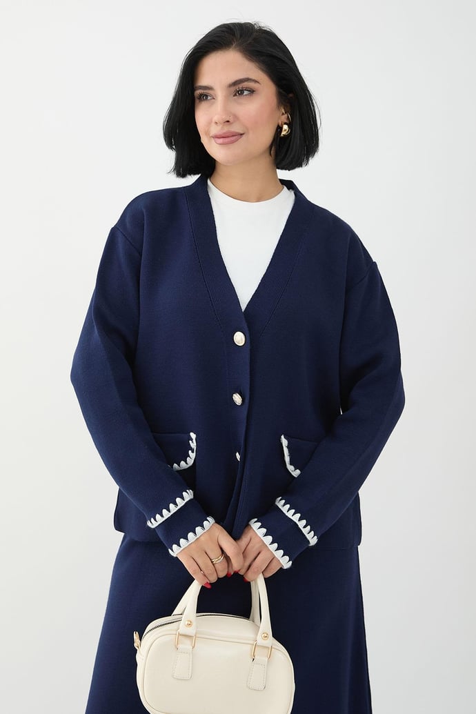 Sewed Detail Skirt Navy Knit Set