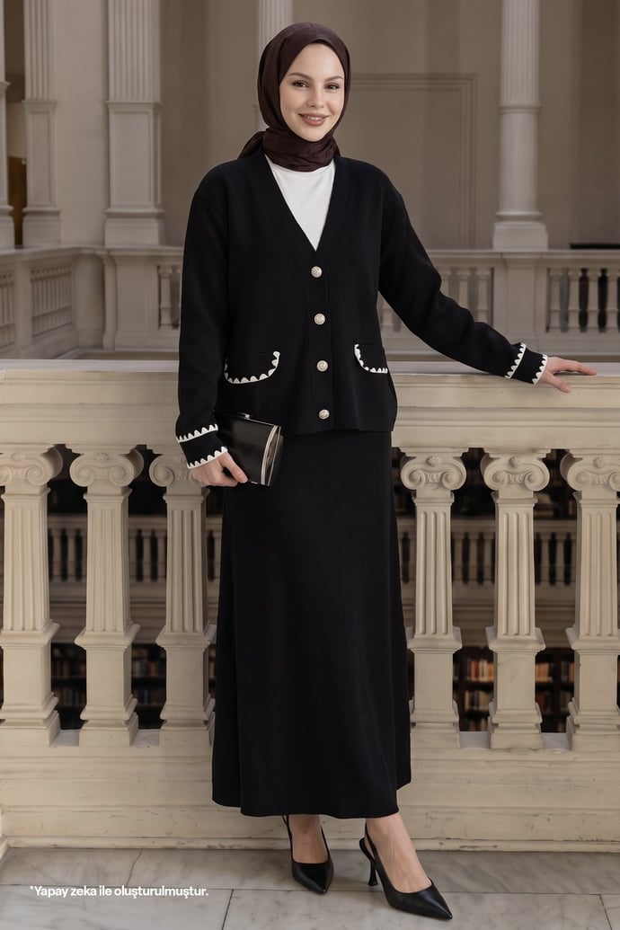 Sewed Detail Skirt Black Knit Set