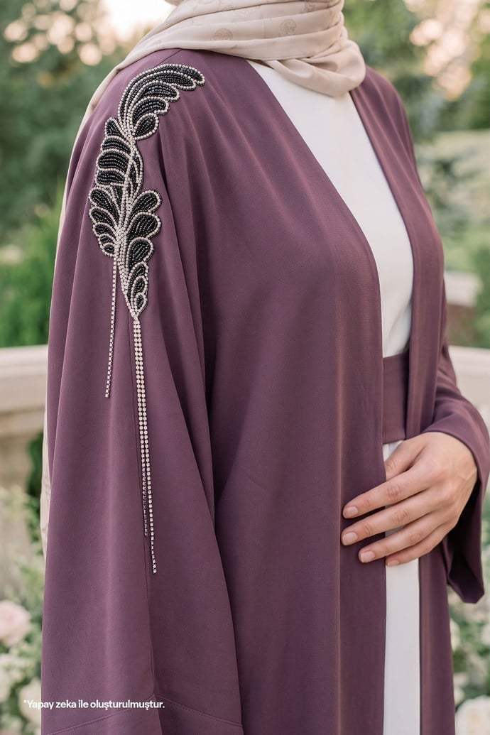 Dökümlü Taşlı Elbiseli Gül Kurusu Abaya