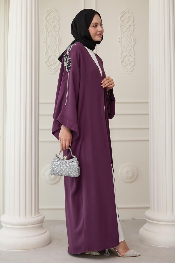 Dökümlü Taşlı Elbiseli Mor Abaya