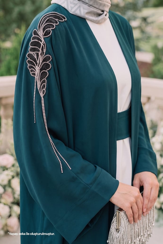 Dökümlü Taşlı Elbiseli Petrol Mavisi Abaya