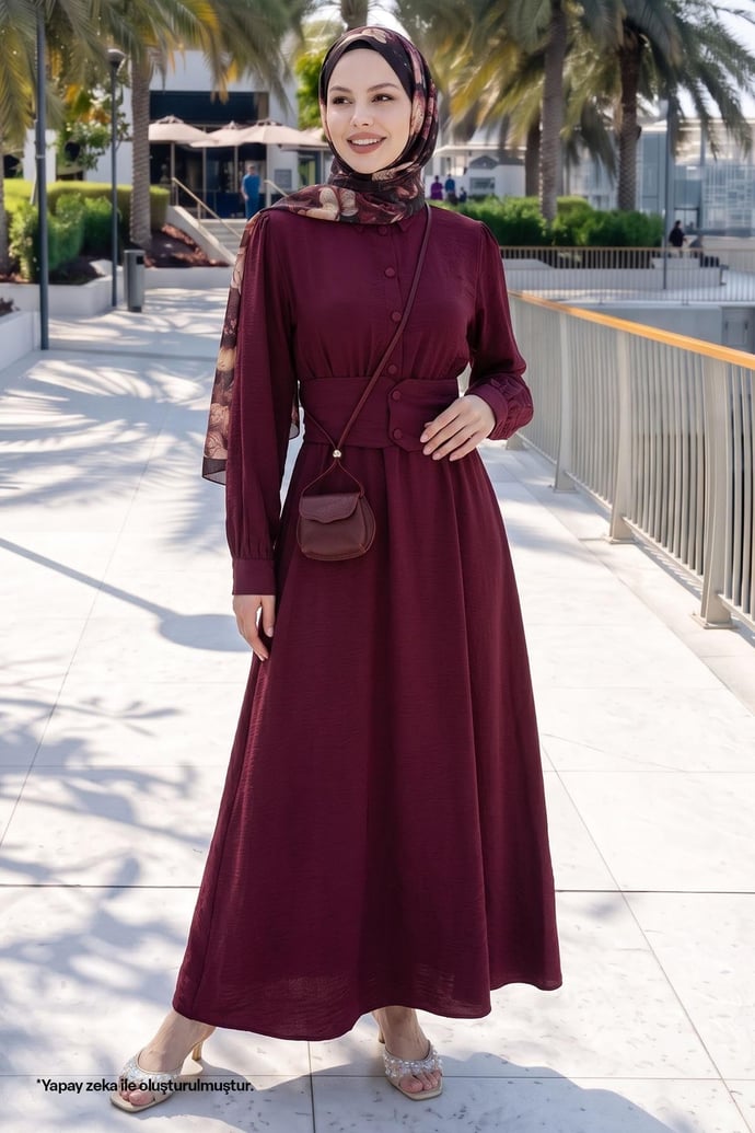 Düğmeli Beli Lastikli Bordo Elbise
