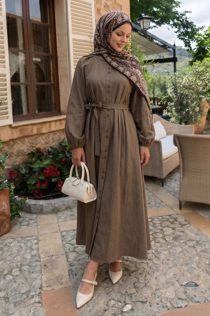 Düğmeli Nervürlü Kuşaklı Keten Açık Kahve Elbise