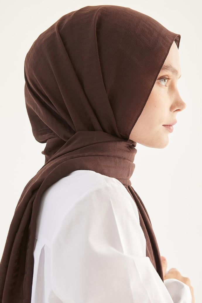 Elle F Desen Jakarlı Pamuklu Şal - Acı Kahve