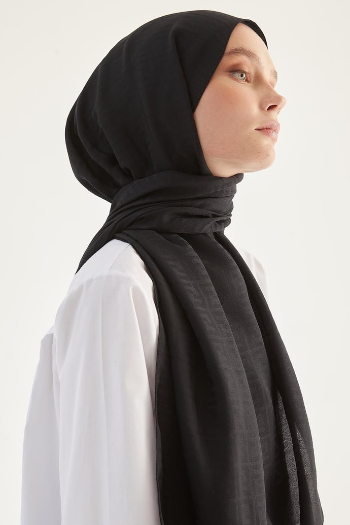 Elle F Desen Jakarlı Pamuklu Şal - Siyah