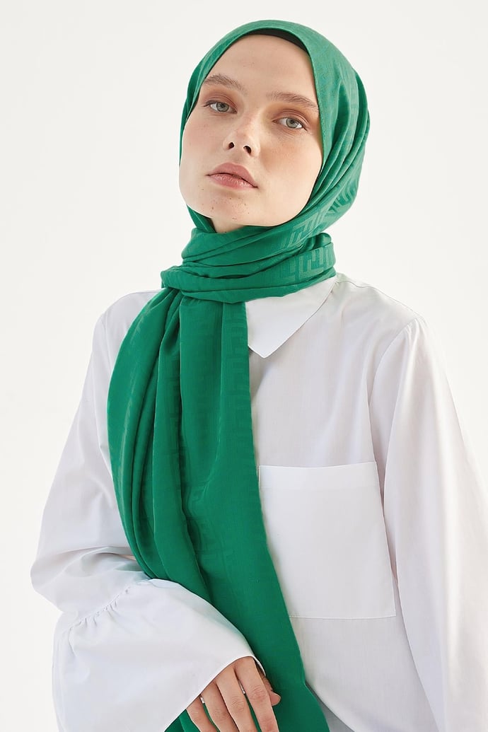 Elle F Desen Jakarlı Pamuklu Şal  - Zümrüt Yeşili
