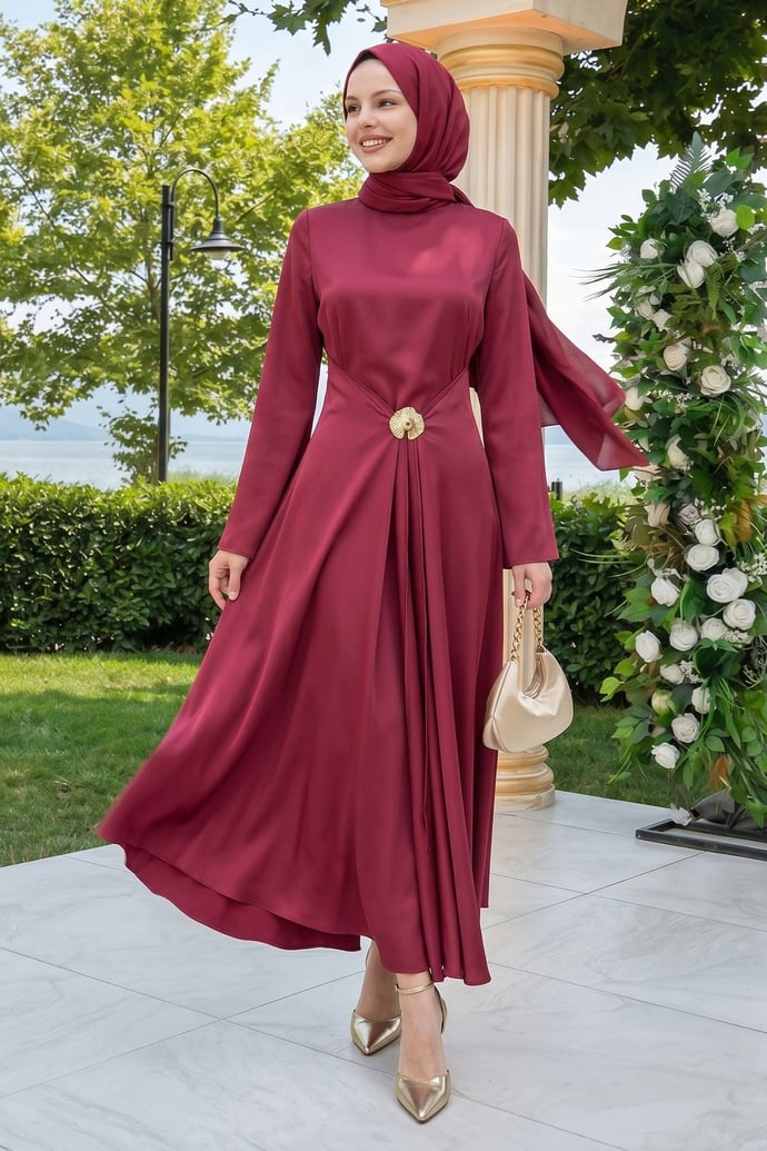 Eteği Allerli Broşlu Fuşya Saten Elbise