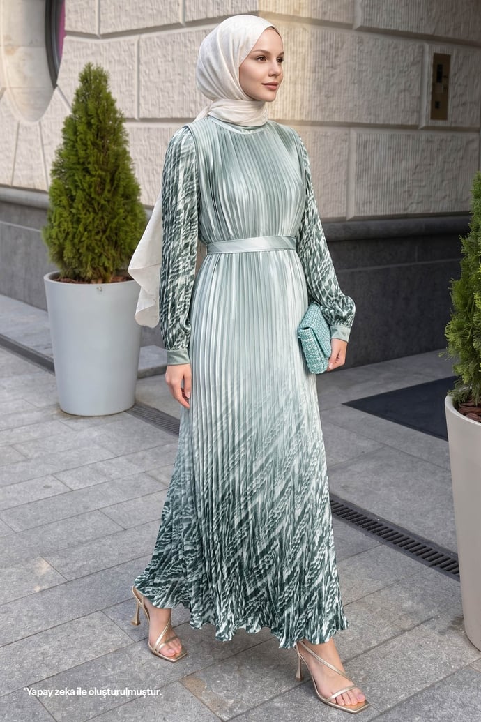 Etek Ve Kolu Desen Mint Şifon Elbise