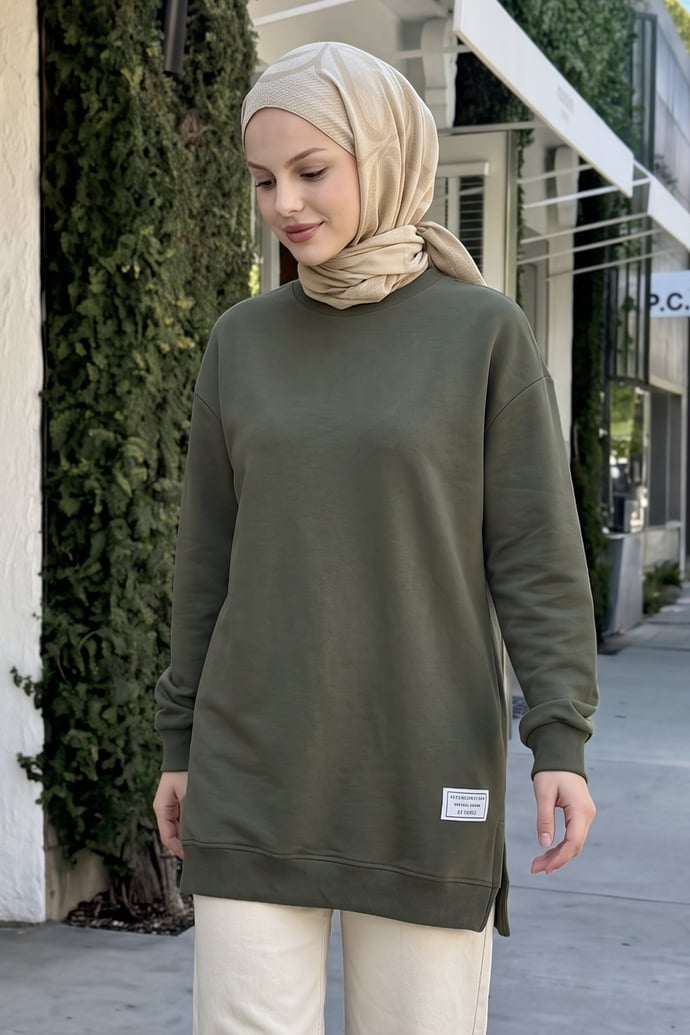 Etiket Detay Basic Haki Tunik