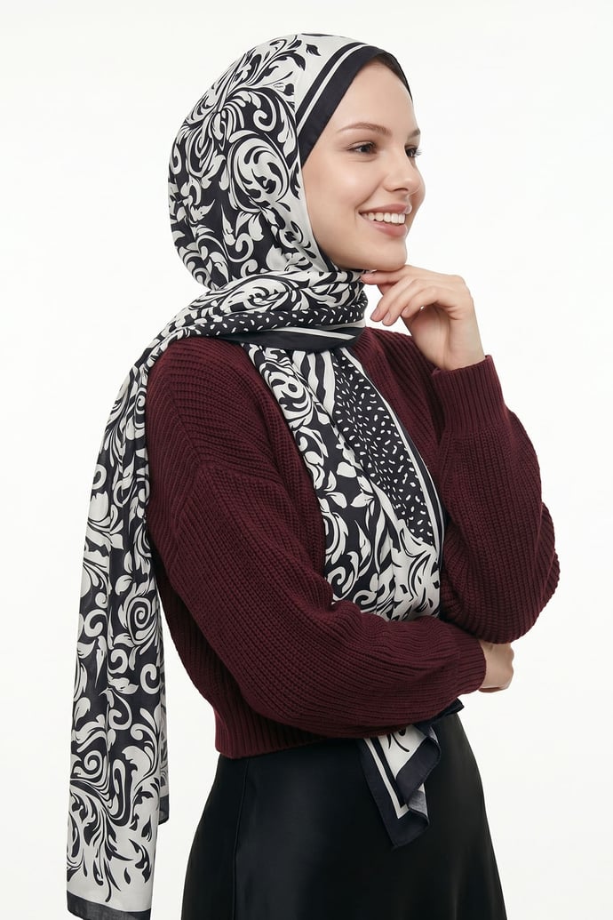 Etnik Floral Desen Siyah-Beyaz Soft Pamuk Şal