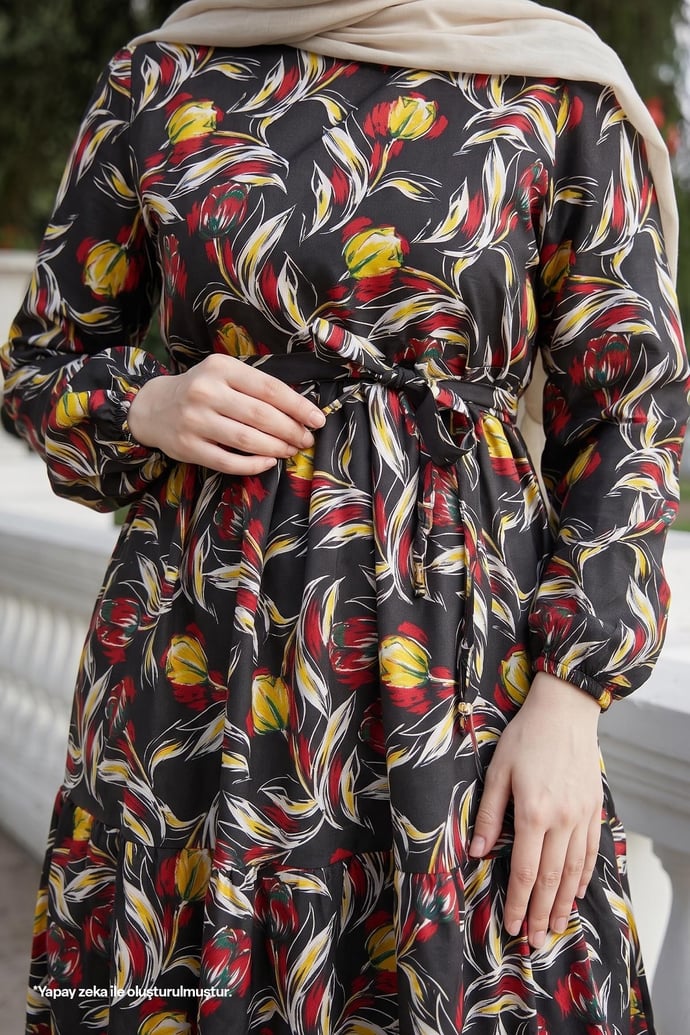 Felara Floral Belted Dress - Black