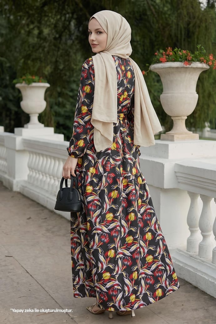 Felara Floral Belted Dress - Black