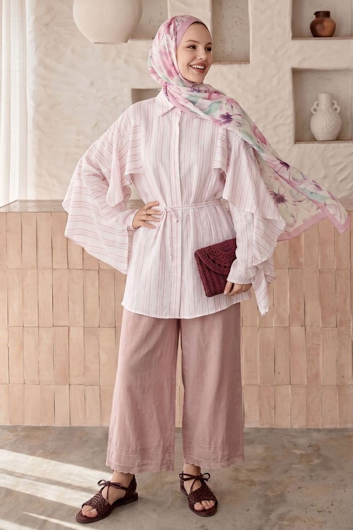 Fırfır Kol Çizgili Pembe Gömlek