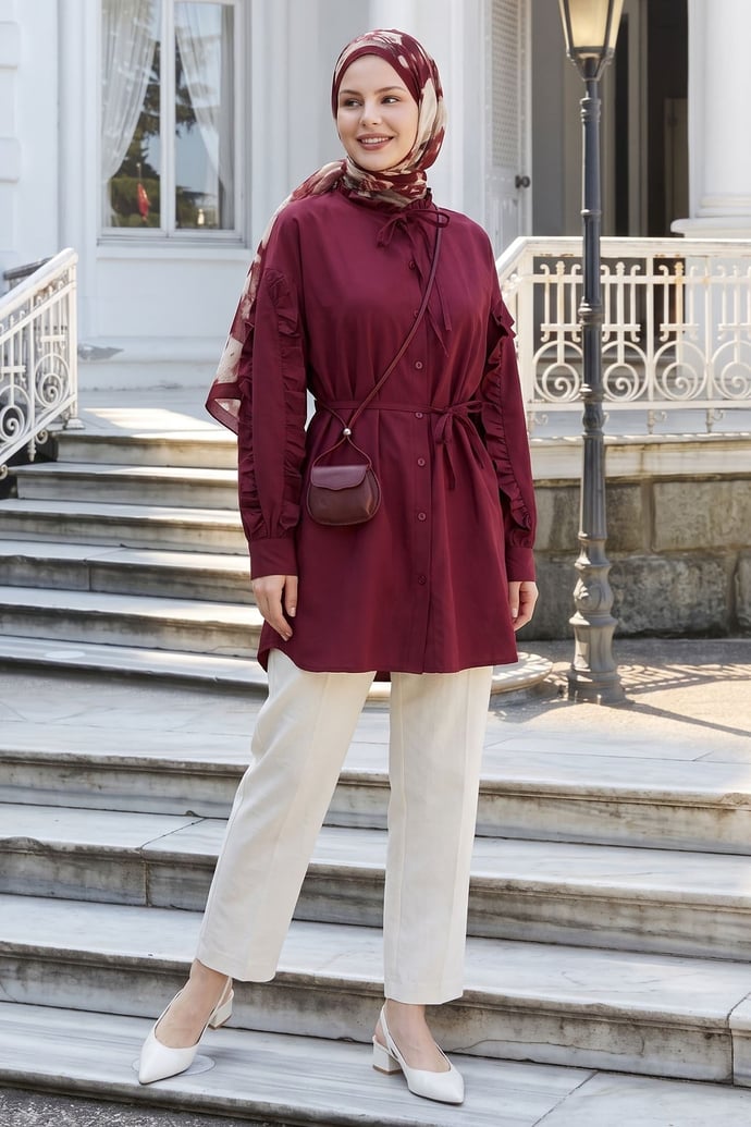 Fırfır Kol Kuşaklı Bordo Tunik