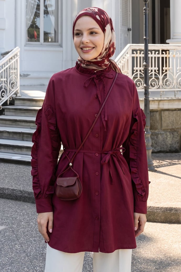 Fırfır Kol Kuşaklı Bordo Tunik
