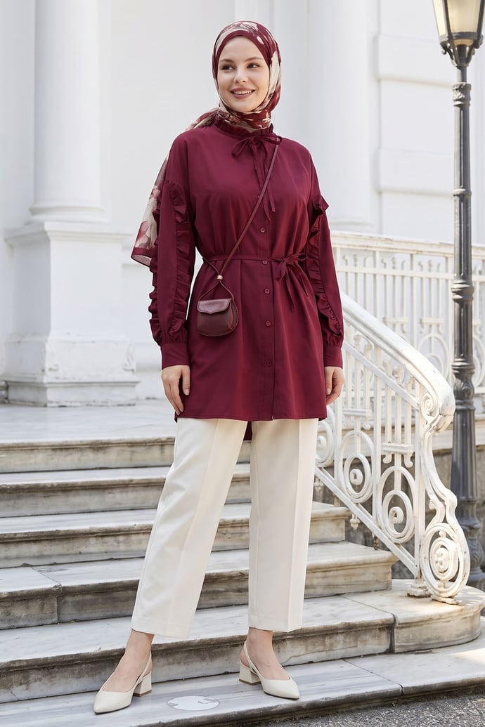 Fırfır Kol Kuşaklı Bordo Tunik