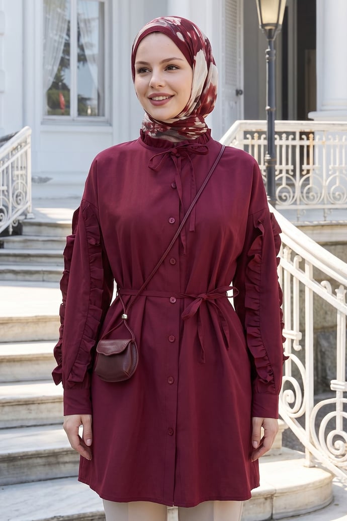 Fırfır Kol Kuşaklı Bordo Tunik