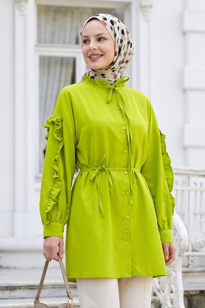 Fırfır Kol Kuşaklı Fıstık Yeşili Tunik