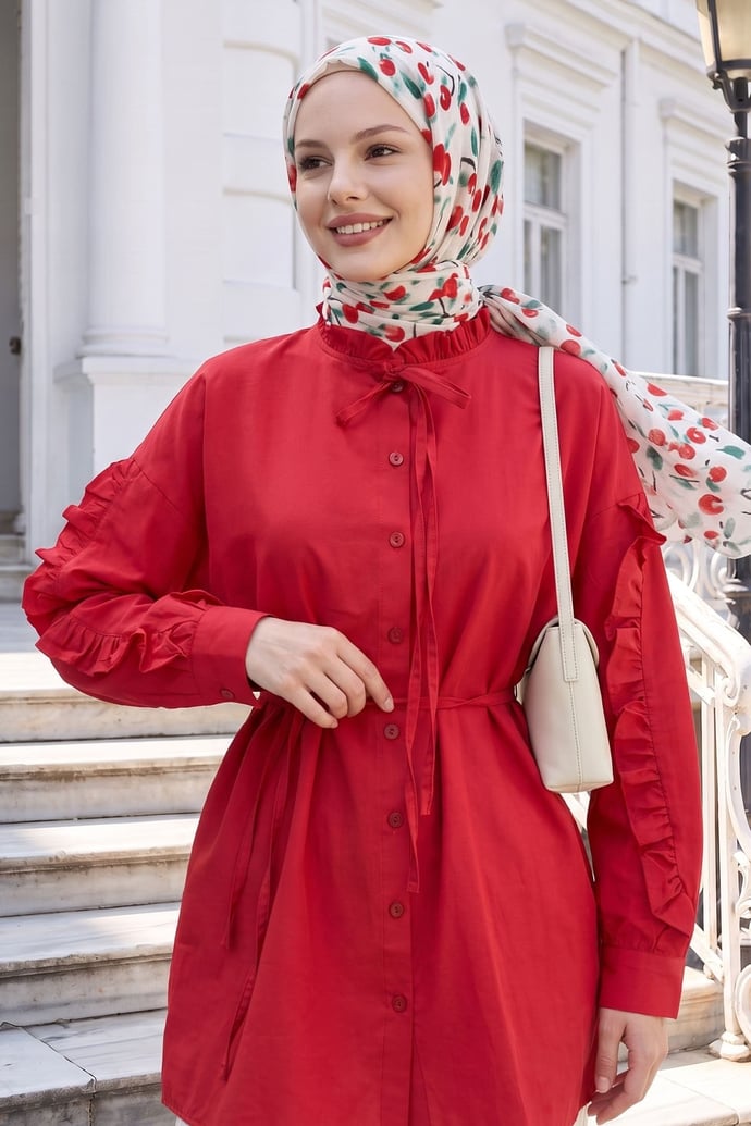 Fırfır Kol Kuşaklı Kırmızı Tunik