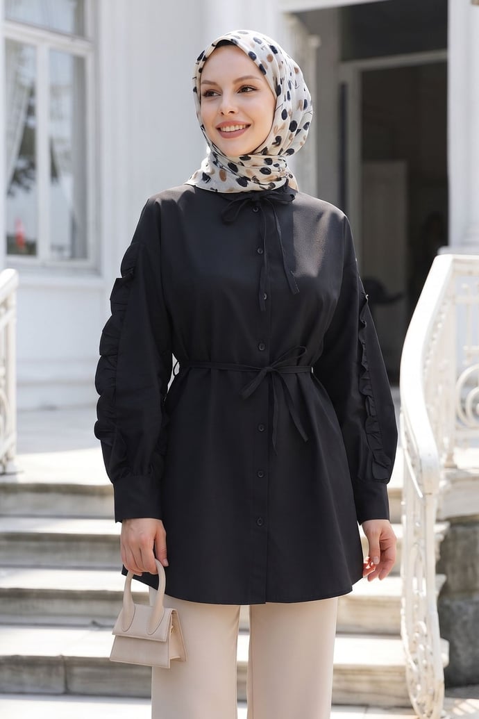 Fırfır Kol Kuşaklı Siyah Tunik