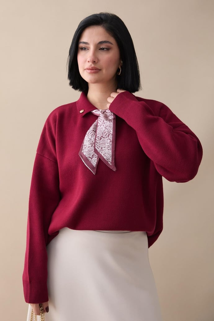 Fularlı Triko Bordo Tunik